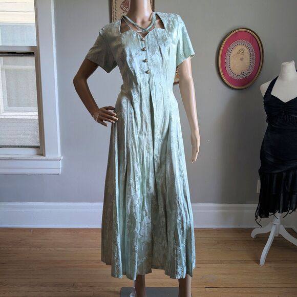 Vintage 90s Sarah Richards Maxi Dress Sage Green Floral Embossed Cottagecore 11 - Picture 11 of 14